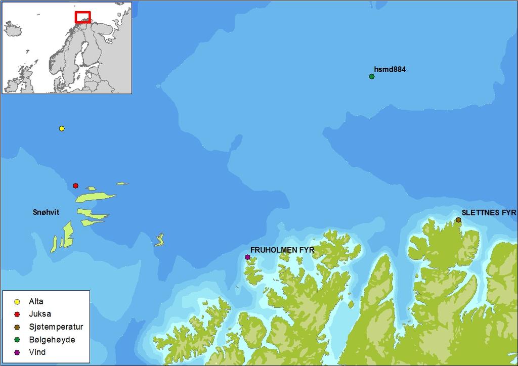 Figur 3-3 Oversikt over stasjoner for innsamling av data for vindstyrke, sjøtemperatur og bølgehøyder. Posisjon for Alta brønnen er representert.