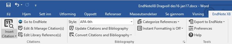 1 Fra EndNote: Marker siteringen i ditt EndNote-bibliotek, og klikk på Insert Citationknappen: 2 Fra word: Klikk på Insert Citation-knappen (forstørrelsesglasset), søk etter en referanse og marker