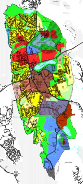 Kmmunedelplan fr Straume 2006-2018 (figur 1) kan grvt delast inn i byggefrmåla næring (lilla g blått), sentrum (brunt), bustad (gult g lysbrun), ffentlig tenestyting (raudt).