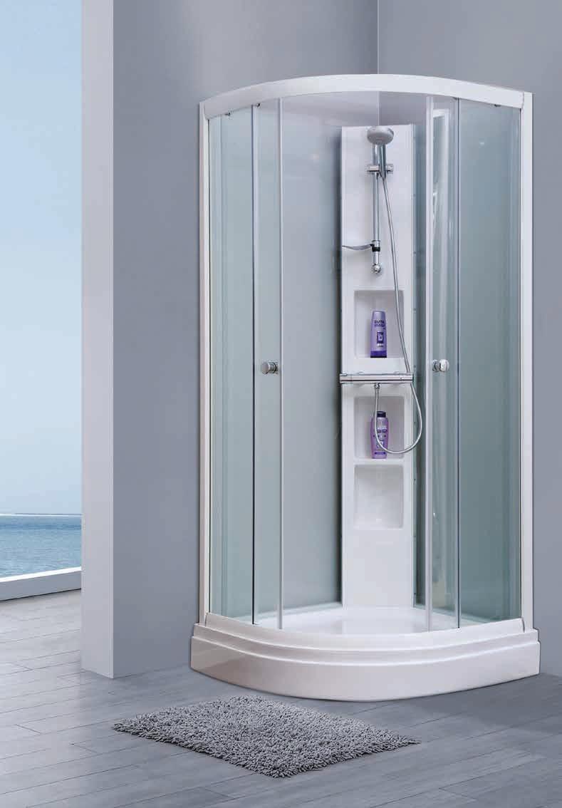 ULTIMA Praktisk hjørnesøyle med hyller! Solid og stilrent dusj-kabinett. Hvite profiler og frostet glass i bakvegger. Leveres med dusjsett, avløpsrør og rørgjennomføringer.