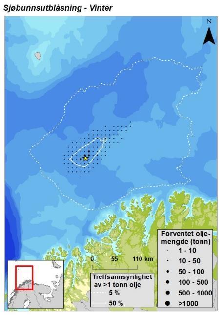 Figur 2-2 Sesongvise forventede treff av oljemengder ( 5 % treff av > 1 tonn olje) i 10 10 km sjøruter gitt en sjøbunnsutblåsning fra