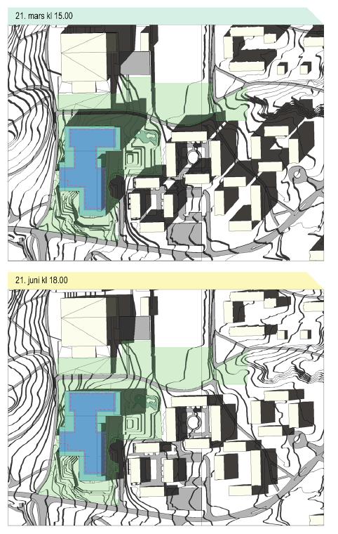 Side 32 Illustrasjon viser skygge på planområdet midt på sommeren 21 juni kl. 1800 til nederst og vårjevndøgn 21 mars kl. 1500 til øverst.