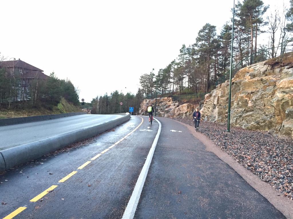 Sykkelvei med fortau langs Tretjønnveien fra Borghilds vei til bro ved Presteheia skole Konflikten mellom transportsyklister og skolebarn er borte.