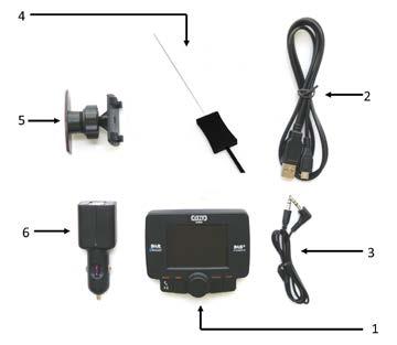 Hovedenhet og tilbehør 1. Hovedenhet og DAB+-mottaker 2. Strømkabel 3. 3.5 mm lydkabel 4. Intern DAB+-antenne, vindus antenne 5. Selvklebende holder 6.