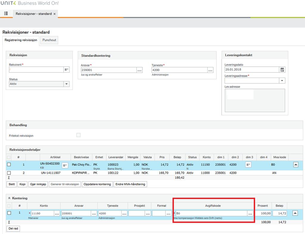 Momskompensasjon Det er lagt inn standard mva-kode på alle varelinjer som vi vet genererer 25 % momskompensasjon.