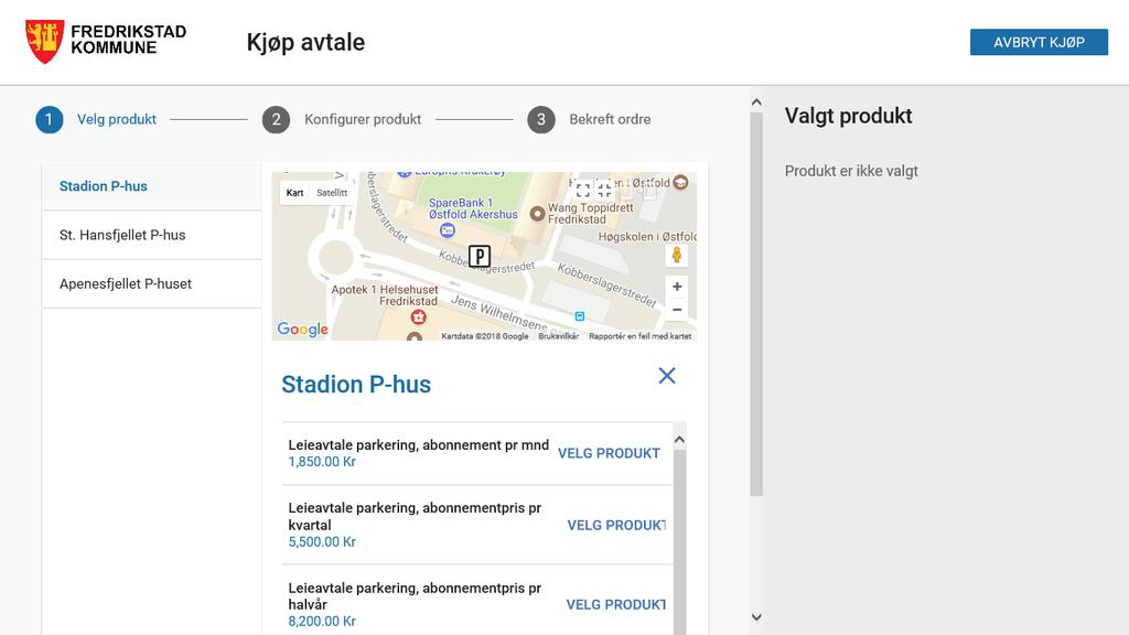 Hvis man skal anskaffe en leieavtale for parkering velger man bare ett av p-husene i listen til venstre i bildet. Når det er gjort får man tilgjengelige produkter under kartet.