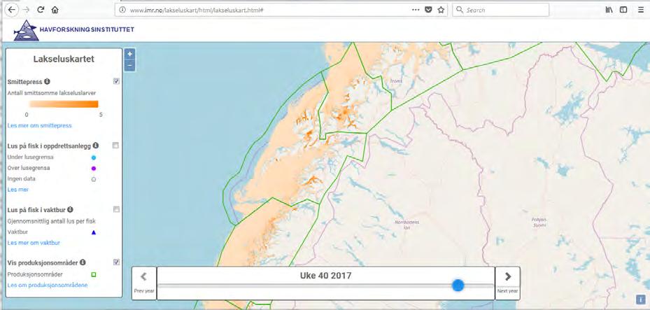 4 Metoder Figur 3: Utsnitt av nettsiden «lakselus.no» som viser tetthet av kopepoditter i en skala fra 0-5/m2 i deler av Nordland og Troms i uke 40,.