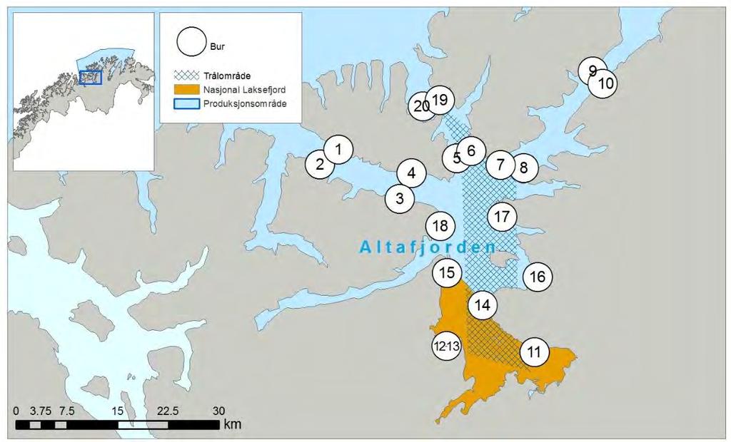 Figur 46. Område for tråling av postsmolt laks og plassering av vaktbur i Altafjordsystemet Figur 47.