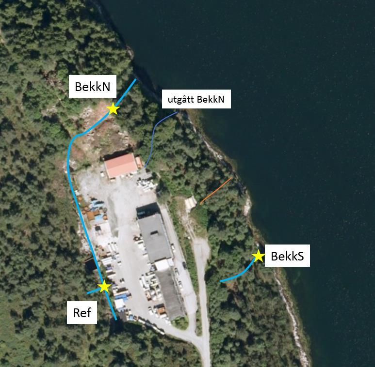 Årsrapport - Gjennomført overvaking for Solberg Scandinavian AS i 2016 7/32 Figur 2 Bekkar som inngår i overvakingsprogrammet. Prøvepunkt er markert med stjerne.