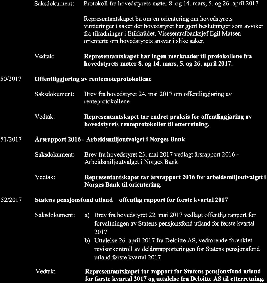 Representantskapet tar redegjørelsen til orientering 49/2017 Protokoll fra hovedstyrets møter Protokoll fi-a hovedstyrets møter 8. og 14. mars, 5. og 26.