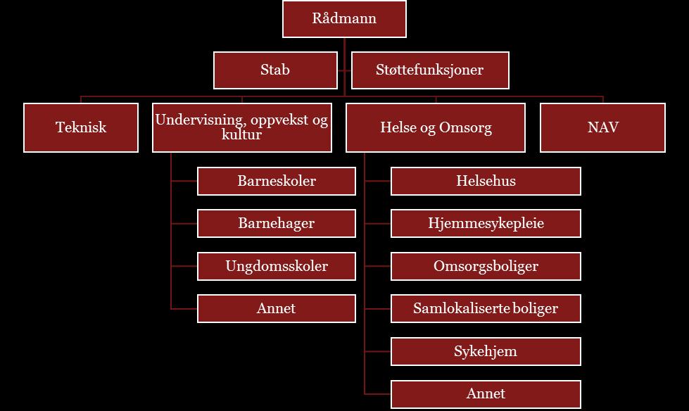 Halden kommune har en to-nivå-modell og er organisert i fire kommunalområder: 6 Figur 7: Organisasjonskart, kommunaltjenesteområder, Halden kommune (enhetsnivå er kun vist for aktuelle sektorer).