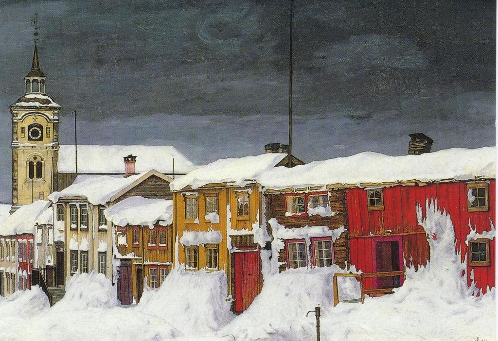 1 Historikk Figur 1. Harald Sohlberg. 1902. «Lillegaden Røros». Thomasgaarden er det nederste huset i fasaderekka mot kirka. (Rød pil.) Foto: Jaques Lithanion, Nationalmuseet.