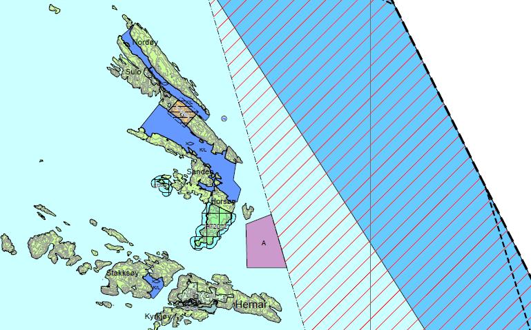 I de nordlige deler av sjøområdet i Øygarden (se Figur 6.2), er sjøområdet mellom øyene Nordøy, Sulo, Sandnen og Horsøy vist og avsatt som område for fiskeri, med kaste- og låssettingsplasser.