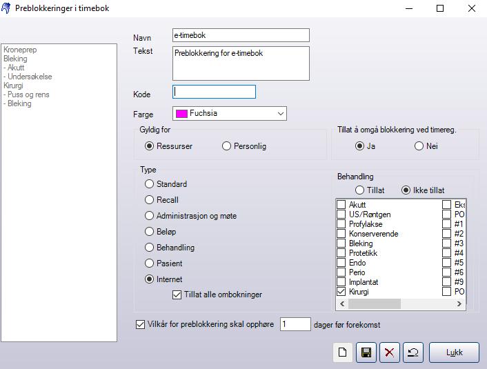 Innstillinger i Opus Dental for e-timebok Publiseringer til e-timebok gjøres ved å bruke «Preblokkeringer» for internett og «Forhåndslagrede timeavtaler».