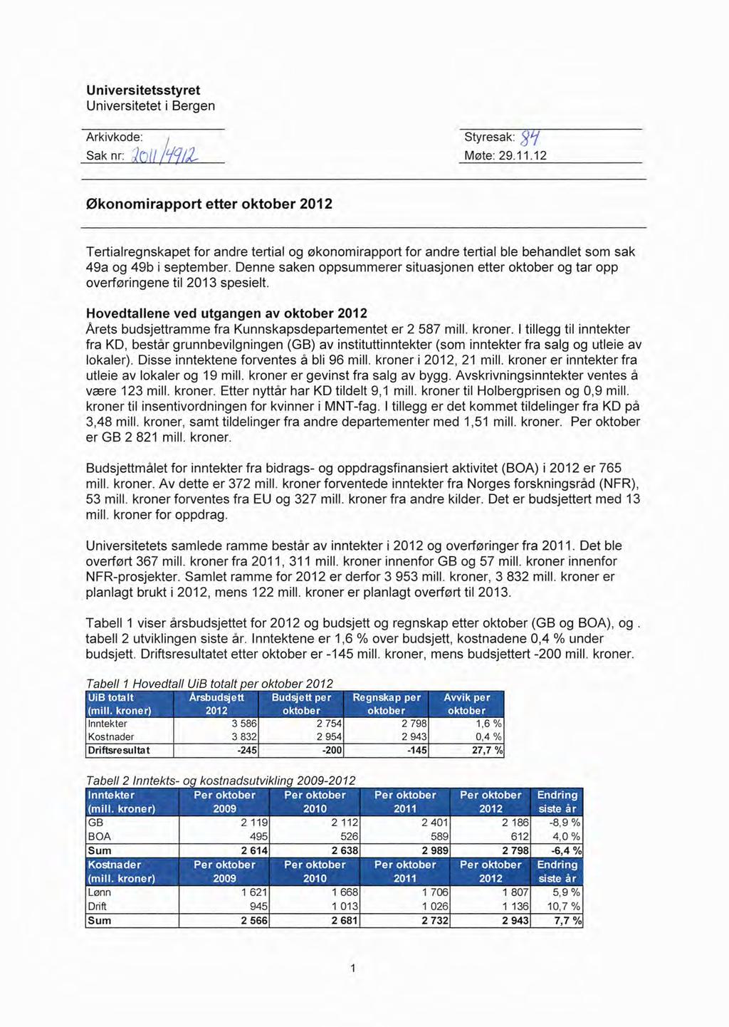 Universitetsstyret Universitetet i Bergen Arkivkode: Styresak: Sak nr: Møte: 29.11.