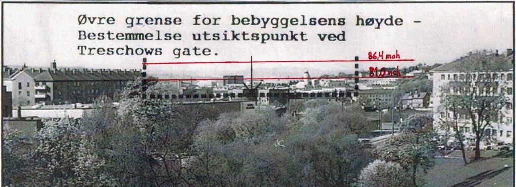 5 Som det fremgår av plankartet, tillater PBE og byrådets forslag kote 83,0 som maksimal byggehøyde overalt innenfor byggegrensene, i praksis kote 81,0 pluss oppbygg på inntil 5 % av takflaten.