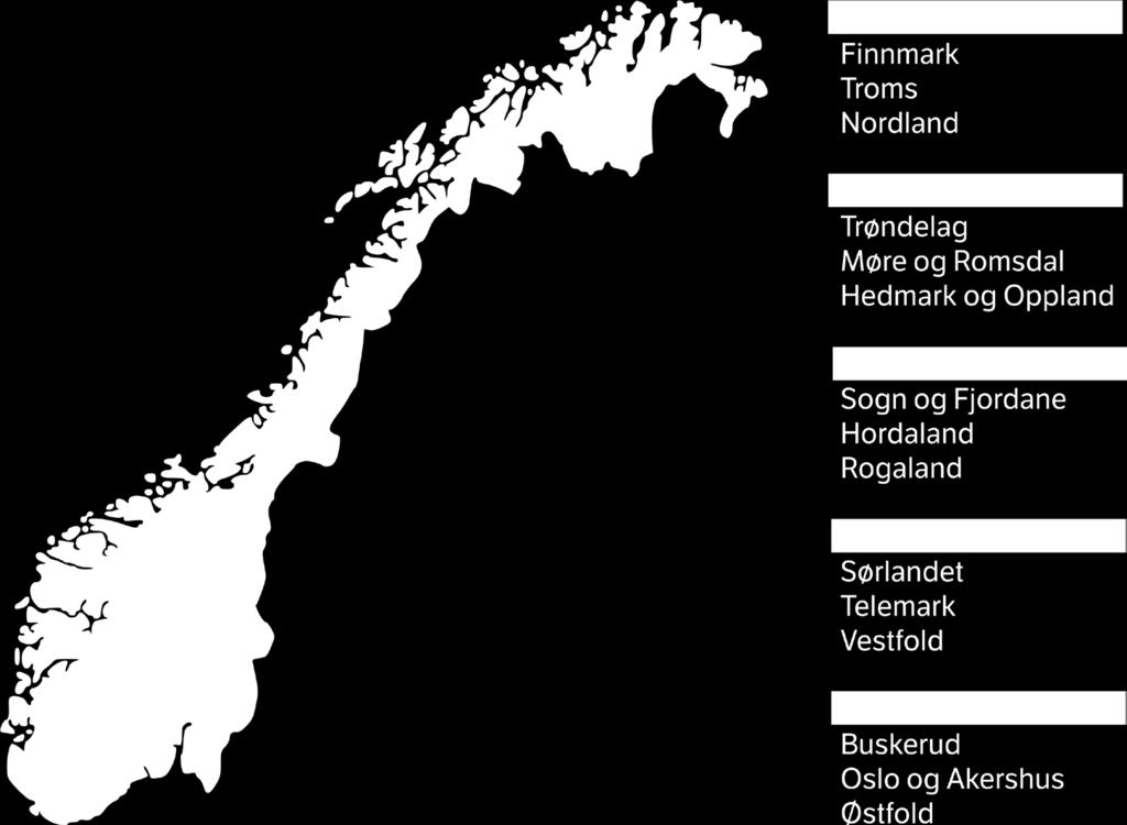 Nedenfor finnes noen sammenligninger som viser noen av ulikhetene mellom regionene: Fylker 10 NORD MIDT VEST SØR ØST Finnmark Troms Nordland N-Trøndelag S-Trøndelag Møre og Romsdal Oppland Hedmark