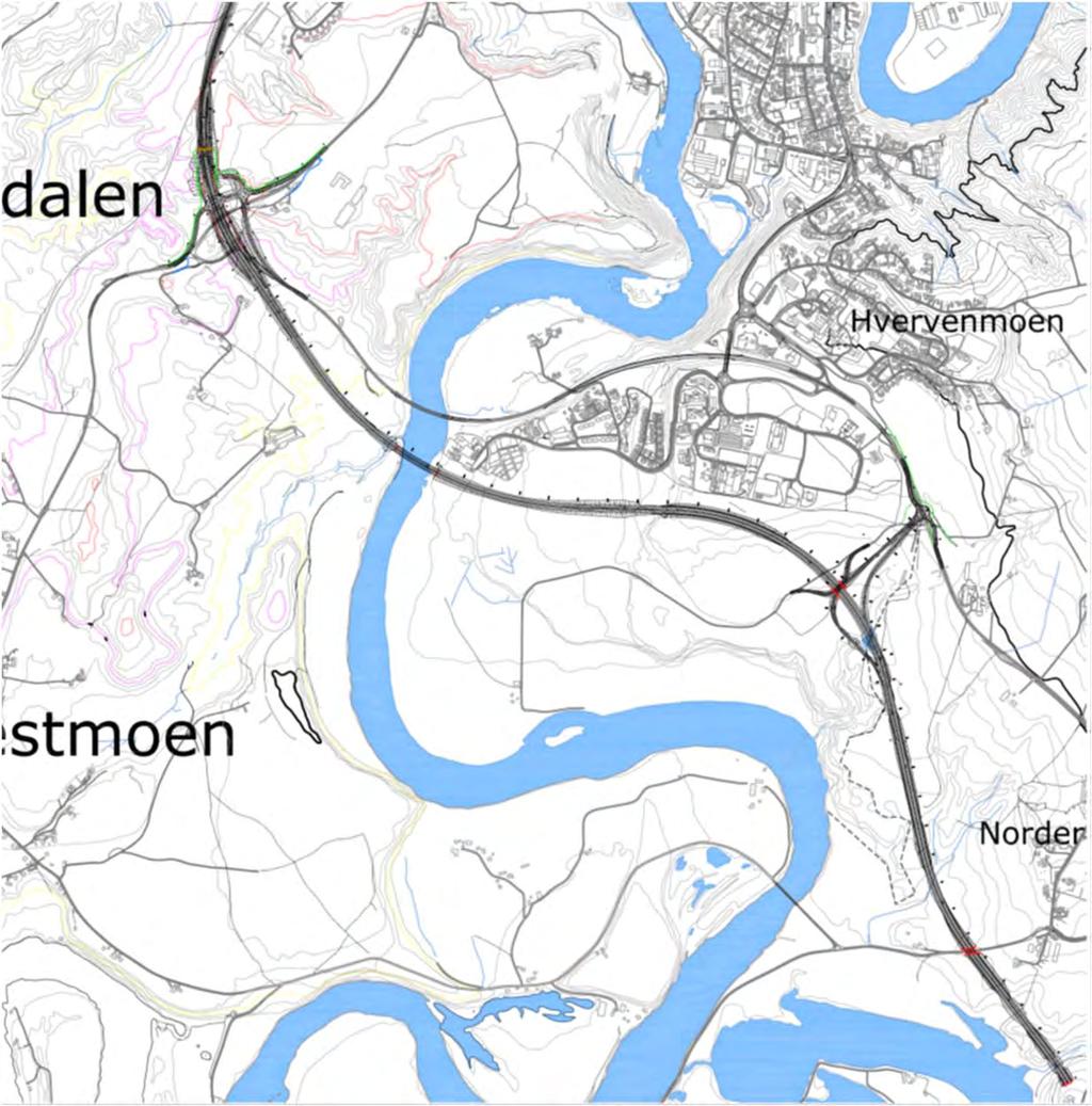 Alternativ løsning på Hvervenmoen Vegen legges sør for næringsparken på Hvervenmoen og videre til fullt kryss i Styggedalen Hvervenmoen betjenes i sørlig retning via et halvt sørvendt kryss