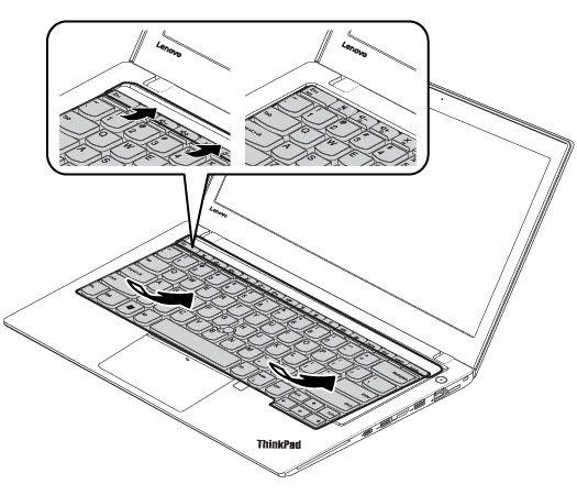 2. Skyv tastaturet inn i holderen, som vist. Pass på at den fremre kanten på tastaturet (kanten nær skjermen) er under rammen til tastaturholderen. 3.