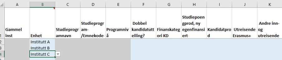 Kolonne B er obligatorisk, som er navnet på budsjettenheten lagt inn i arkfanen «Enheter, modell og år», man får opp en rullegardinliste over navnene man har lagt inn.