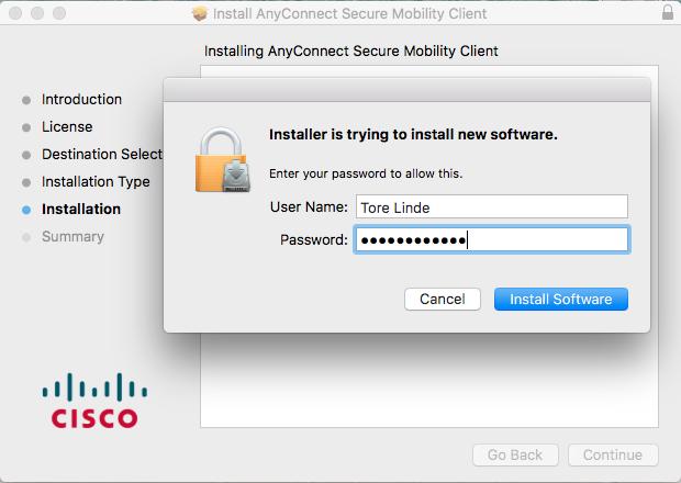 Når du har skrevet inn passordet, klikker du på "Install Software". Når installasjonen er ferdig får du melding om det.