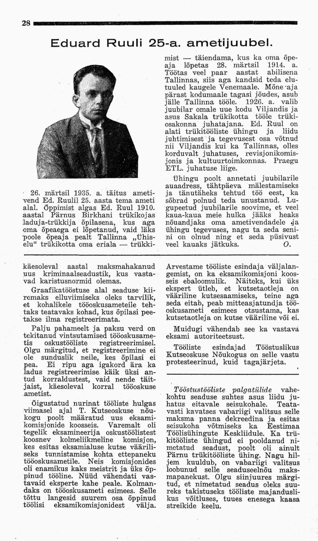 28 Eduard Ruuli 25-a. ametijuubel. 26. märtsil 1935. a. täitus ametivend Ed. Huulil 25. aasta tema ameti alal. Õppimist algas Ed. Ruul 1910.