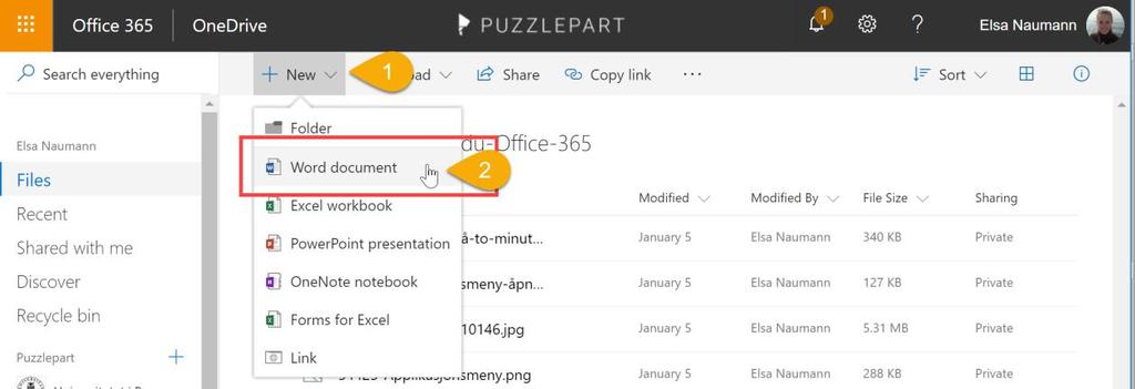 Lag et nytt Word dokument rett i OneDriven via Ny-knappen : Gi dokumentet et nytt navn, ved å trykke der det står «Dokument» i båndmenyen:..og skriv et par setninger i det nye dokumentet.