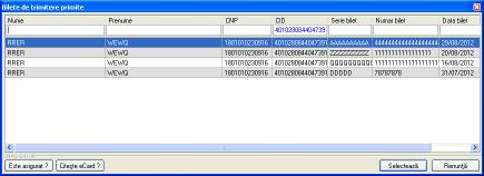 6-53 Selector Bilete de trimitere folosind citirea ecard-ului Utilizatorul efectuează apoi click pe butonul Selectează.