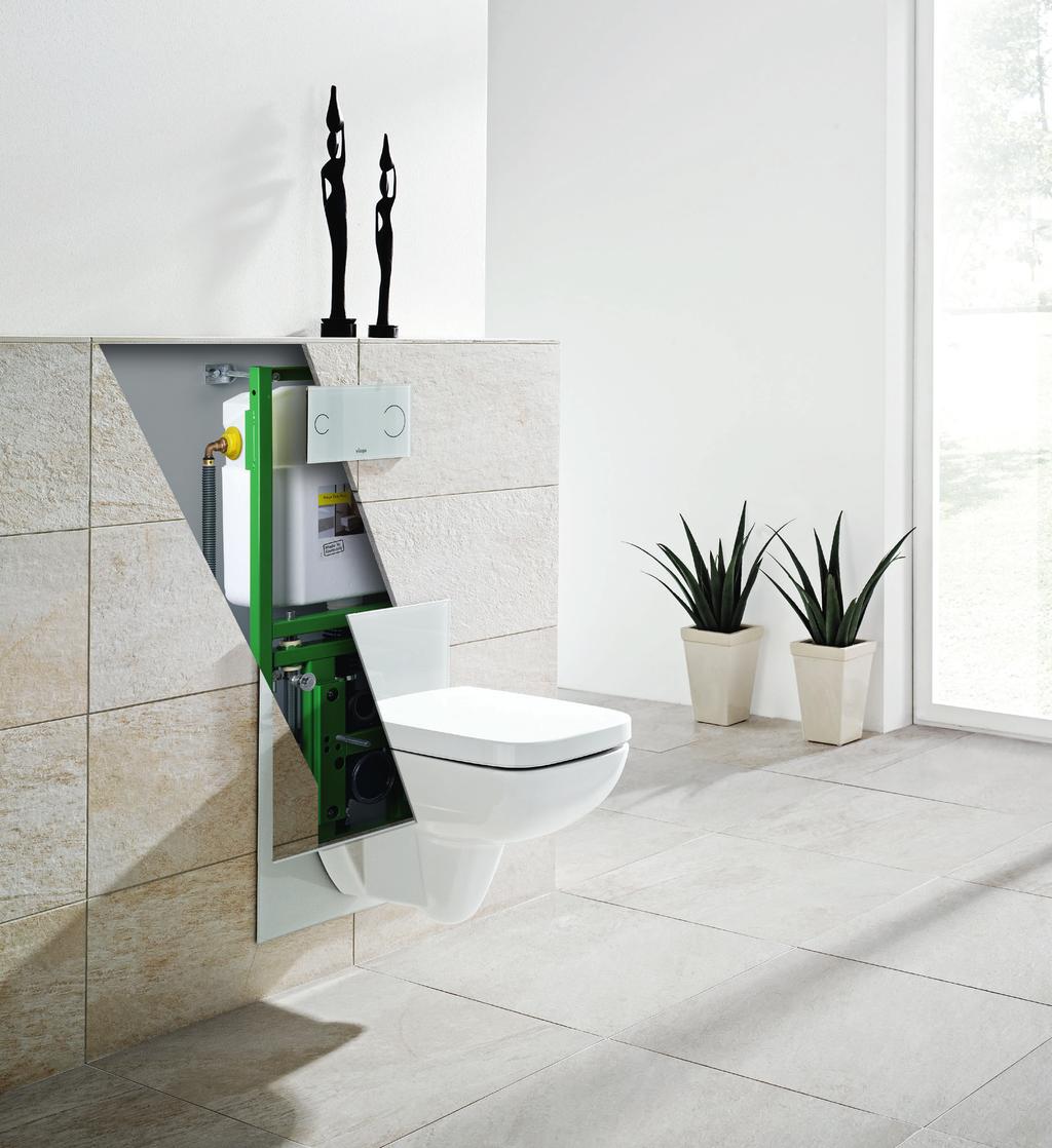 Viega Eco Plus-toalettelement Det individuelt høydejusterbare toalettelementet har den velutprøvde Viega innfelte sisterneteknologien og kan kombineres med alle standard toalettskåler. Modell 8161.