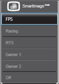 3. Bildeoptimering Tilpass Smartimage GAME Gamer1-/Gamer2- modus. Dette gjør at du kan lage og velge dine egne innstillinger. 1. Du må velge Gamer1 eller Gamer2 først.
