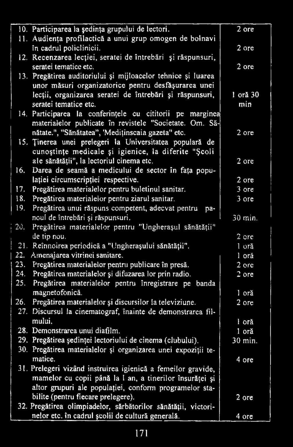 Ţinerea unei prelegeri la Universitatea populară de cunoştinţe medicale şi igienice, la diferite "Şcoli ale sănătăţii", la lectoriul cinema etc. 2 ore 16.