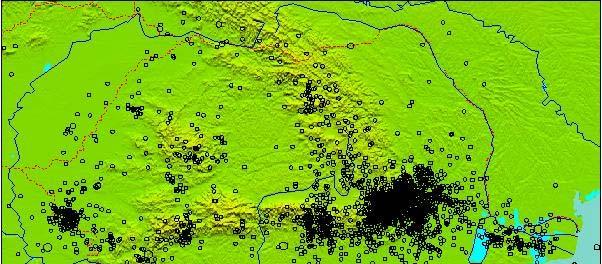 Figura 2.1.3 Seismicitatea Romaniei, Geoscience Interactive Databases - Cornell Univ./INSTOC Tabel 2.1.1. Frecventa absoluta a cutremurelor in Romania, pana la 1801 (Radu, 1995).