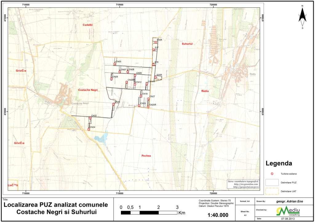 PUZ Centrală electrica eoliană Suhurlui 57 MW Din punct de vedere constructiv turbinele eoliene alese vor avea următoarele caracteristici: înălţime turn - 119 m; diametru rotor - 112 m; înălţimea