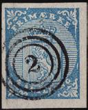 Obj.nr. F 5437 o F 5438 o 1. B-34. Ekstra bredrandet merke. Mørk blå nyanse. Diskret omvendt datostempel TRONDHJEM 7.6.1856. 1. C-32 (Facit v4).