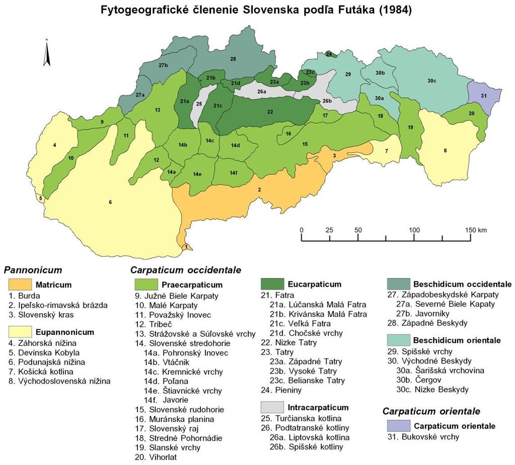 V. Franc, R. Malina & M. Škodová: Základy biogeografie a ekológie Obr. 38. Fytogeografické členenie územia Slovenskej republiky podľa Futáka <www.chromosomes.sav.