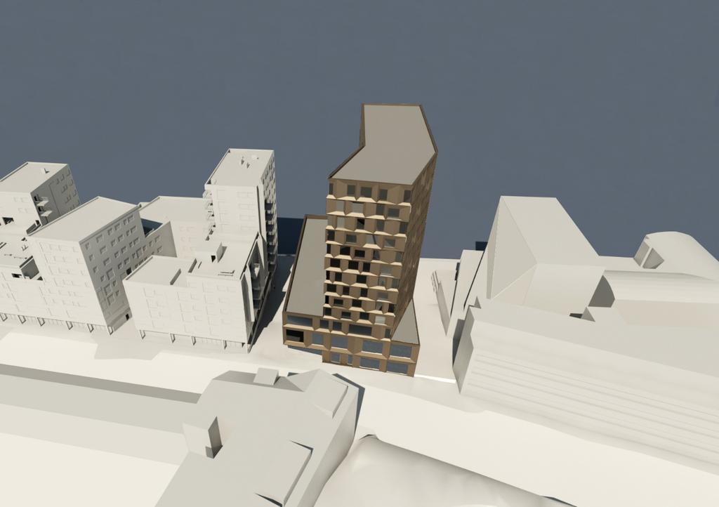 Bebyggelsen tenkes oppført med en base på 3 etasjer mot Sjøgata og 4 etasjer mot havnepromenade. Denne inneholder i hovedsak resepsjonsområde, restaurant og konferansefasiliteter.