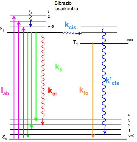 6. Irudia: Sistema kromoforoek egoera elektroniko desberdinen artean izan ditzaketen trantsizioak. Jabloski-ren diagrama.