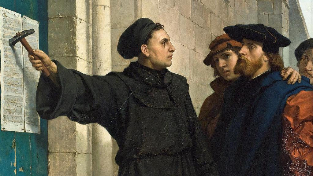 Luthers 95 teser Luther spikret sine 95 teser på kirkedøren i Wittenberg. De 95 tesene var skrevet på Latin, og var først og fremst et skriv publisert for å skape akademisk debatt.
