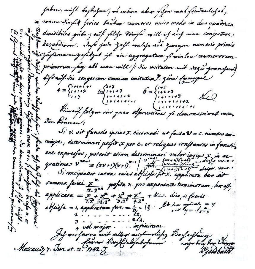 Goldbachs brev til Euler hvor han foreslår at