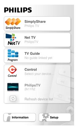 Lai atv"rtu SimplyShare lietojumprogramm! MyRemote, s!kuma izv"ln" pieskarieties pogai SimplyShare. MyRemote s!kuma izv"ln" pieejamas #!das funkcijas... SimplyShare Net TV Control (Vad$ba) Plan#etdator!