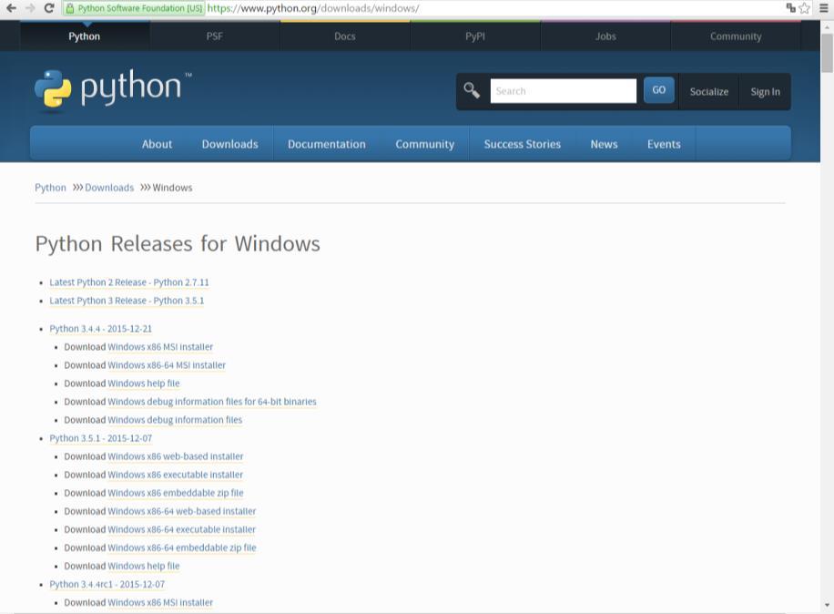 Кликне се на опцију Windows и појављује се следећи прозор: На прозору се налазе информације о свим доступним верзијама (Python Releases) Пајтона који се могу инсталирати на рачунарима са Windows