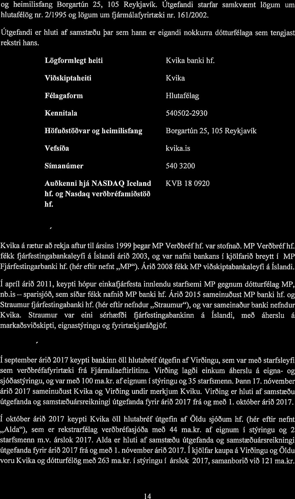 ÍIíIJ K V J. K A og heimilisfang Borgartfin 25, 105 Reykjavik. utgefandi starfar samkvæmt lögum urn hlutafélög nr. 2/1995 og lögum um fjármálafyrirtæki nr. 161/2002.