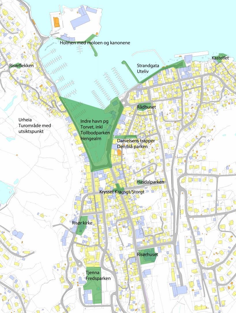 6.3 De viktigste byrommene I stedsanalysen for Risør sentrum (2000) defineres viktige byrom i Risør sentrum. Disse har betydning for hvordan en bør utvikle trafikk- og parkeringsmønstre.