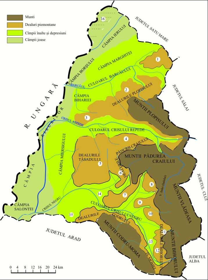 Pagina: 97 / 232 Fig. nr. 10. Zonarea geomorfologica a Spatiului Hidrografic Crisuri (dupa APM Bihor, din Raport Proiect 256-01-35/BIRD2) - 1. Dealurile Dumbravitei; - 9. Dealurile Beiusele; - 2.