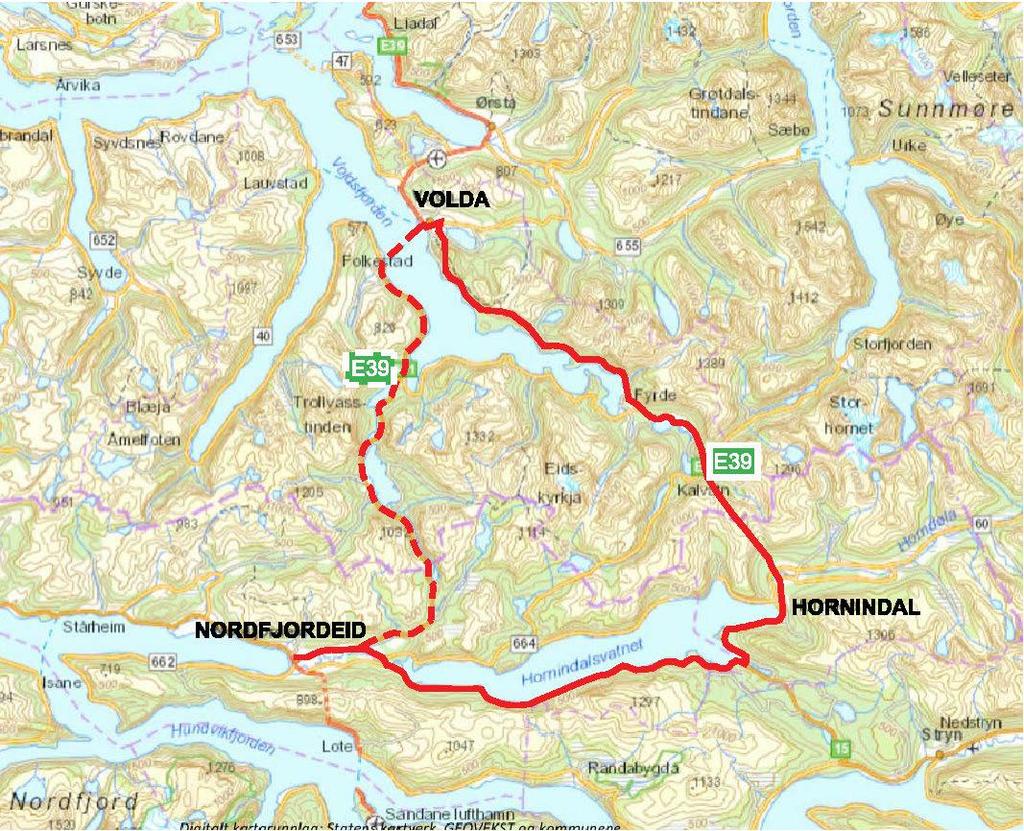 Planprogram for kommunedelplan Kryssing av Voldsfjorden 10 Kommunedelplanen vil omfatte brutrasé og tilstrekkeleg areal på land til at brua kan knytast til eksisterande vegnett på begge sider av