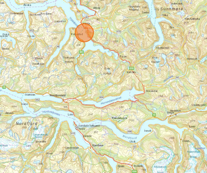 Planprogram for kommunedelplan Kryssing av Voldsfjorden 4 Figur 1-1: Lokalisering av tiltaket To hovudalternativ for kryssing av Voldsfjorden skal utgreiast.