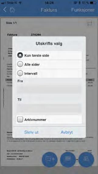 På nettbrett eller i nettleser, velg faktura i listen og klikk øverst til høyre til å skrive ut. På en telefon klikk Funksjoner og velg Utskrift.