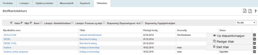 I nedtrekkslisten velger man Status for de tiltak som skal vises.