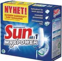 Effektiv mot flekker. Vasker helt hvitt. Maskinoppvask SUN Alt i 1 Max Power (46) Maskinoppvasktabletter som inneholder glansemiddel.