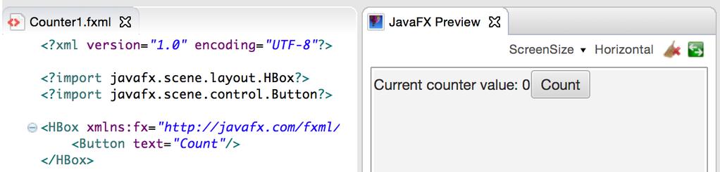 Redigering av FXML-koden FXML-filer kan redigeres som tekst i Eclipse. Prøv f.eks. å erstatte <!--... --> med <Button text="count"/> (du trenger også et import-element for javafx.scene.control.